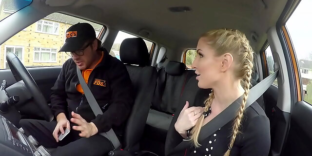 Pigtailed Busty Blonde Bangs Driving Instructor