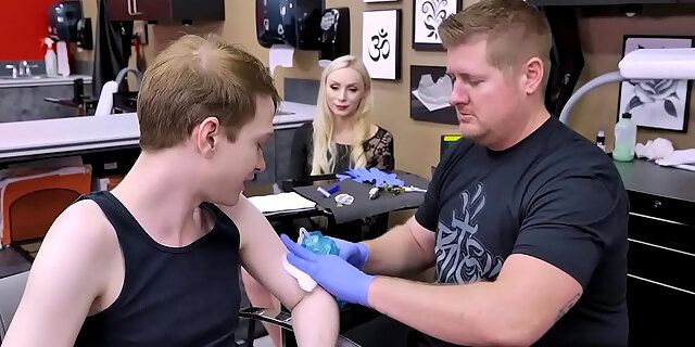 Natasha James Stepson Is Nervous While Doing His 1st Tattoo So She Help Hin Calm Down By Having Sex With Him While His Artist Is Busy Doing His Ink.