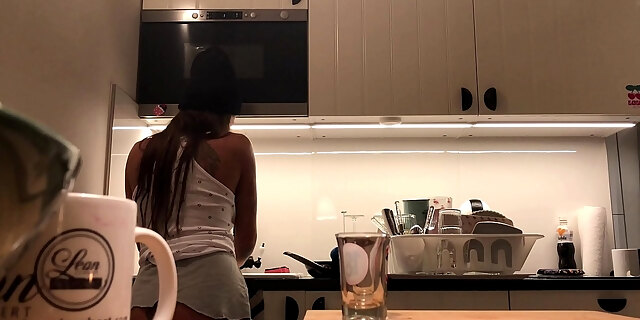 Braless No Panties In The Kitchen Finishes The Dishes